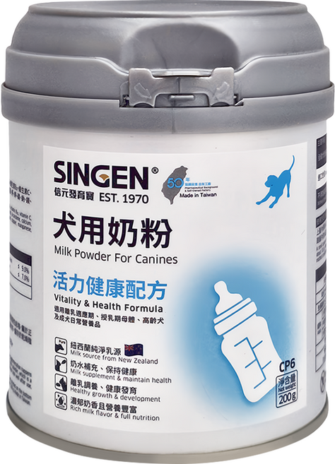 SINGEN 信元發育寶 CP6犬用奶粉, 維生素A、維生素B1、維生素B2、維生素、鋅、鐵、銅、錳、必需胺基酸、脂肪酸, 200g, 1罐