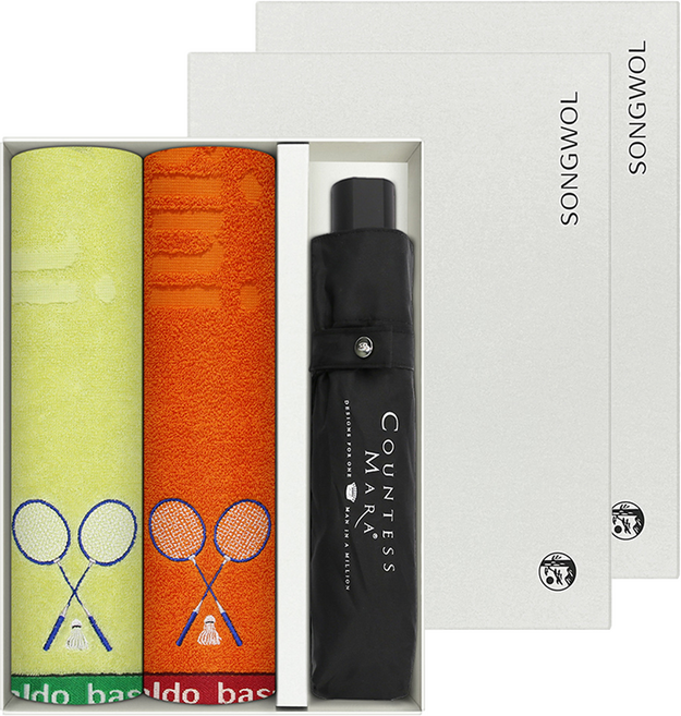 송월타월 배드민턴 스포츠 86g 30수 면사 2p +CM 3단 폰지 우산 선물세트, 랜덤발송, 2세트