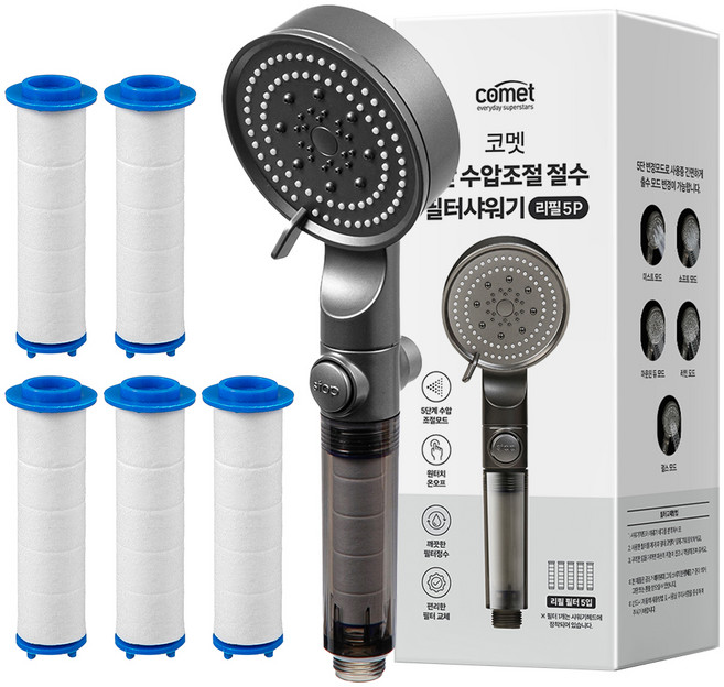 코멧 5단 수압조절 필터 샤워기 헤드 + 리필, 1개, 메탈그레이