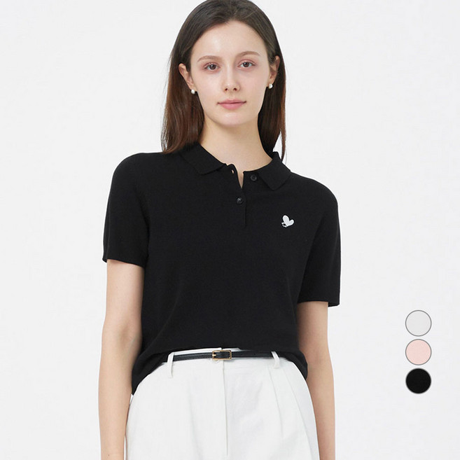 ELLE PARIS 여성용 시그니처 로고 자수 데일리 카라 반팔 니트