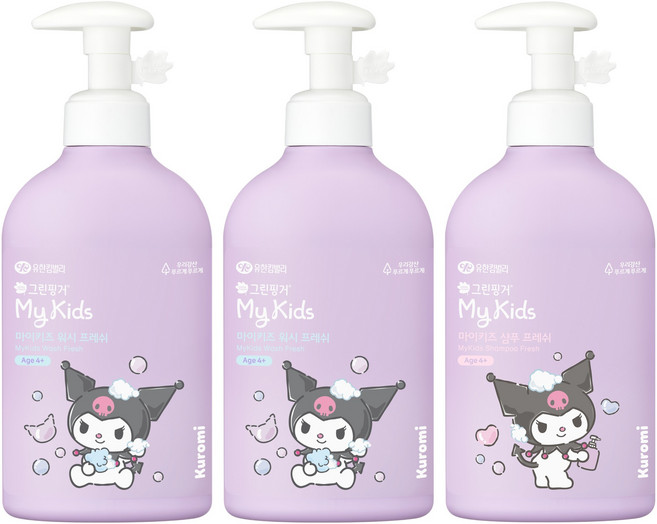 그린핑거 마이키즈 프레쉬 산리오 쿠로미 키즈 바디워시 그린향 320ml 2p + 샴푸 그리너리향 320ml, 1세트