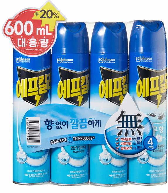 에프킬라 수성 에어로졸 살중제 무향, 600ml, 4개