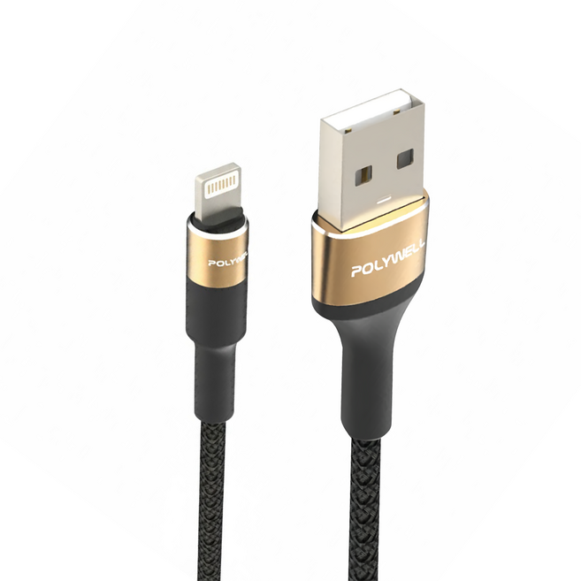 POLYWELL 寶利威爾 USB To Lightning 3A編織充電線 圓型鋁合金 適用蘋果iPhone PW15-W45-A335, 2m, 黑色 + 金色, 1條
