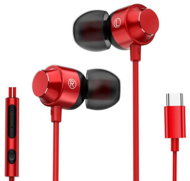 DTAudio 重低音 磁吸線控耳機 附耳機線夾 + 收納包 + 耳帽 3組 Type-c, 紅色, K9