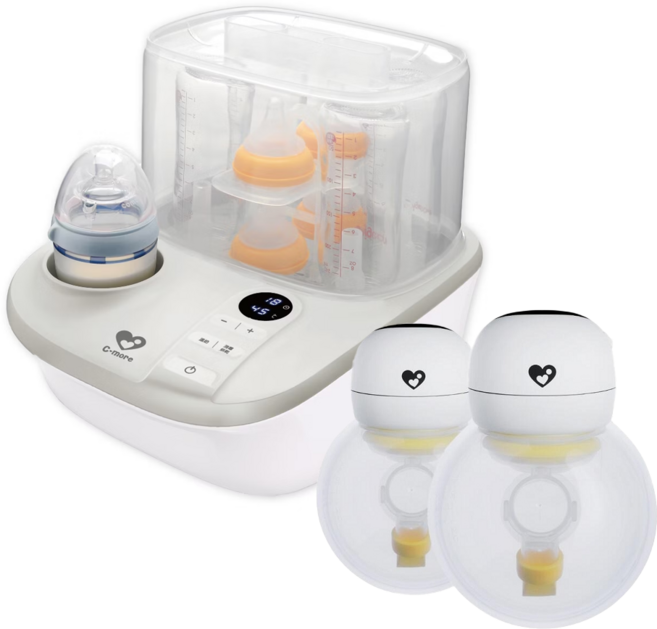 C-more 新貝樂 K2高效能溫奶消毒烘乾鍋 + HandFree 修護免持電動吸乳器 2個, K2, 白色
