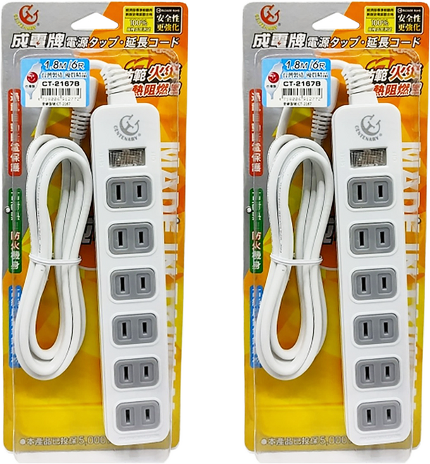 CENTENARY 成電牌 1切6座延長線 本體 245 x 42 x 28.2mm, 1.8m, 白色, 2條