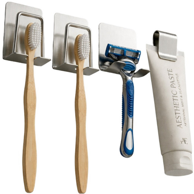 앞날창창 무타공 칫솔 치약걸이 면도기 거치대, 실버, 1세트