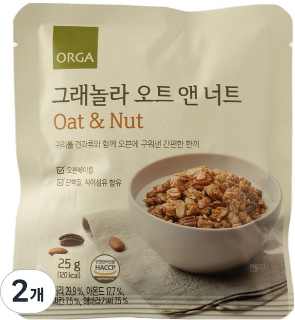 올가홀푸드 그래놀라 오트 앤 넛트, 25g, 2개