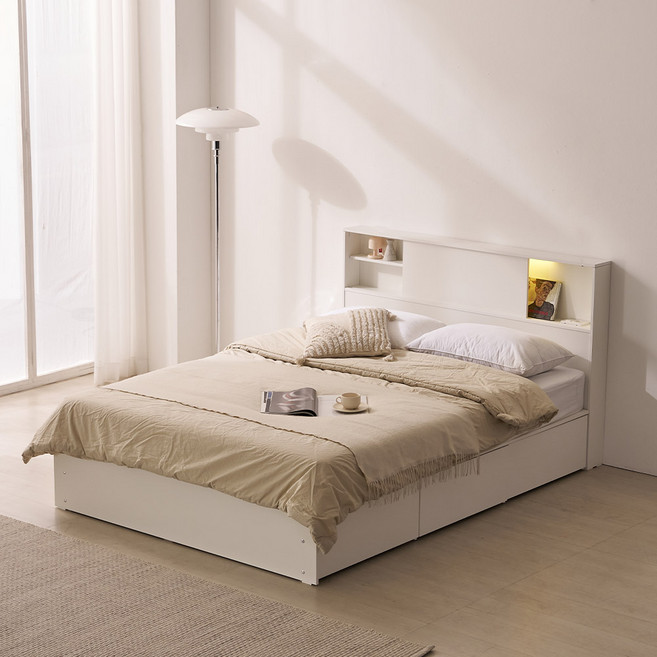 파로마 멜로 LED 빅수납 침대 프레임 + 독립 포켓 매트리스 세트 방문설치, 화이트(프레임), 단일색상(매트리스)