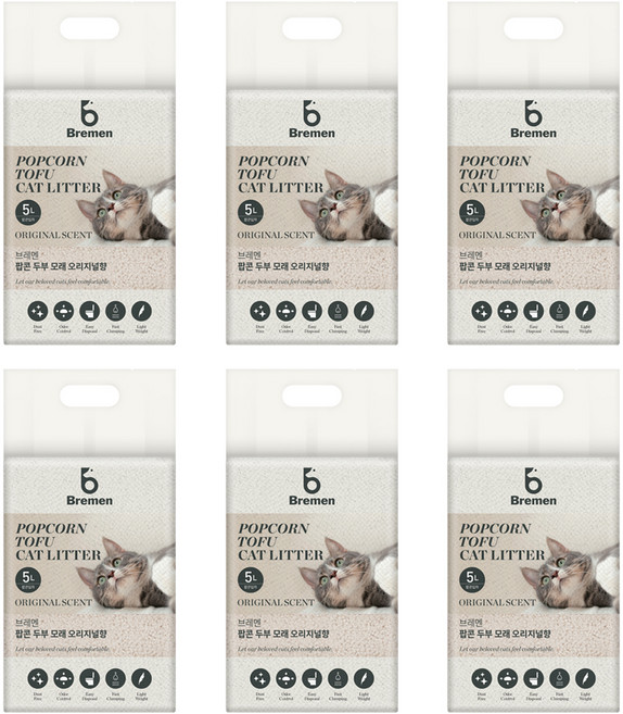 Bremen 응고형 팝콘 두부 모래, 5L, 6개, 오리지널향