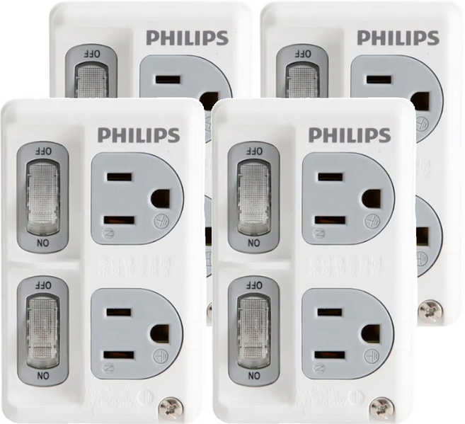 PHILIPS 飛利浦 台灣公司貨 節能開關 2開2插分接式插座 CHP3020W/96, 99mm, 白色, 4個