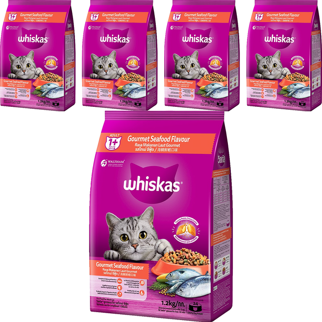 whiskas 偉嘉 貓乾糧, 海鯛鮮蝦口味, 1.2kg, 5袋
