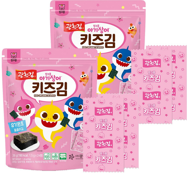 광천김 핑크퐁 아기상어 유기원초 줄줄이 키즈김, 36g, 2개