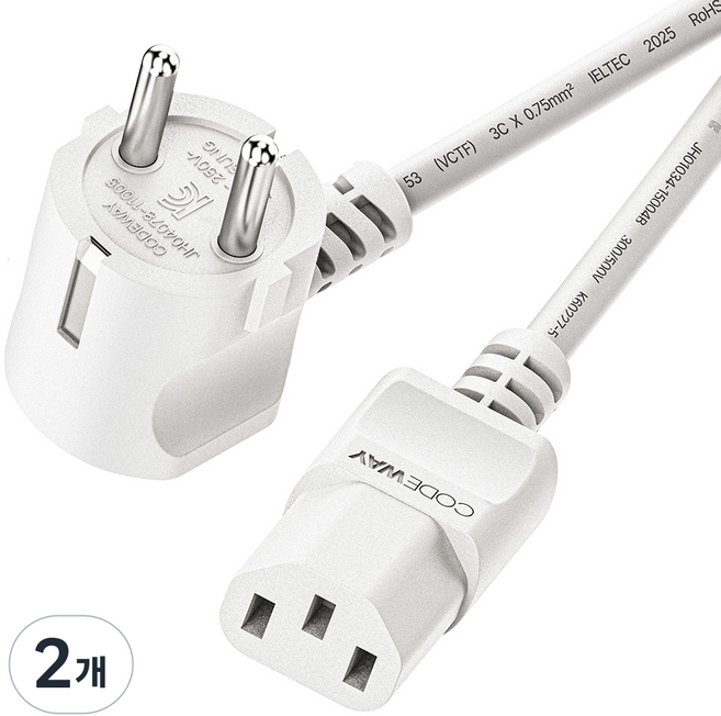 코드웨이 국산 AC 10A 전원코드 파워케이블 화이트, 2개, 3m
