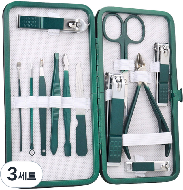 휴대용 네일케어 손톱깍이 12종 세트, 3세트, 에머랄드그린