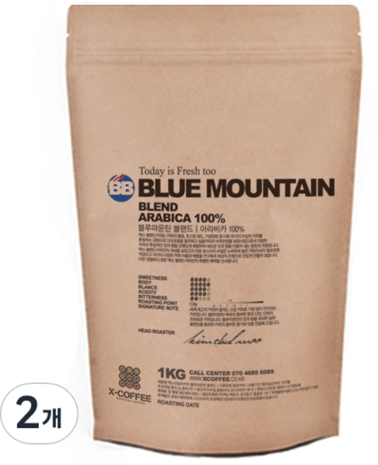 엑스데일리커피 블루마운틴블랜드 원두커피, 1kg, 홀빈(분쇄안함), 2개