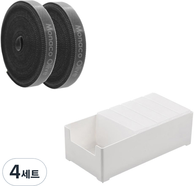 모나코올리브 포켓 케이블 선 정리함 5p + 전용 트레이 중형 + 벨크로타이 2p 세트, 4세트, 블랙(벨크로타이)