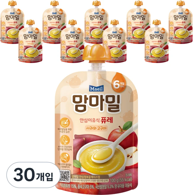 맘마밀 안심 이유식 퓨레 6개월부터, 100g, 30개, 사과와 고구마 - 쿠팡
