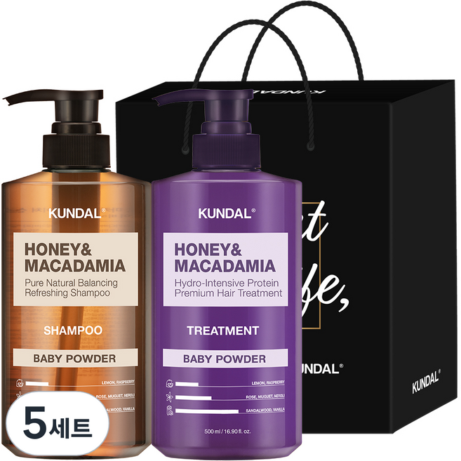 쿤달 2구 샴푸 + 트리트먼트 선물 B세트 베이비파우더 블랙 + 쇼핑백, 5세트