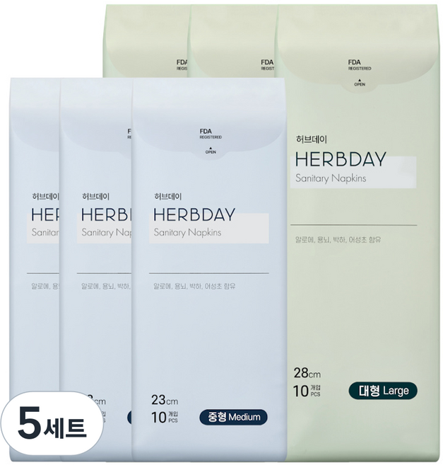 허브데이 러브유 대형 10p x 3팩 + 중형 10p x 3팩 생리대 날개형, 대형 10P X 3팩, 중형 10P x 3팩, 20개입, 5세트