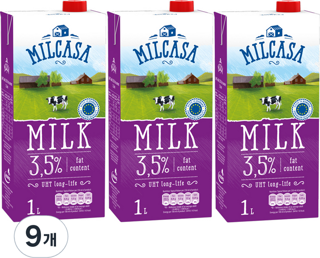 밀카사 멸균우유 3.5%, 1L, 9개