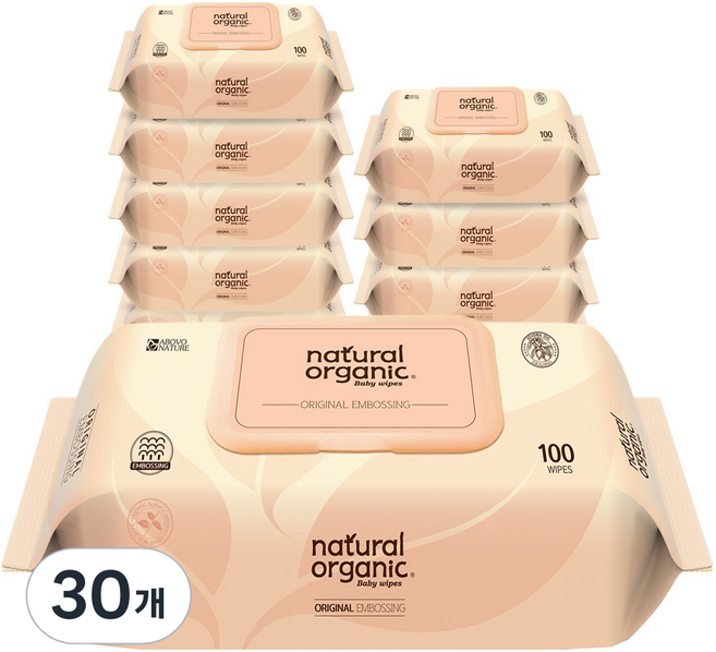 네츄럴오가닉 오리지널 엠보싱 유아용 물티슈 캡형 52gms, 52g, 100매, 30개