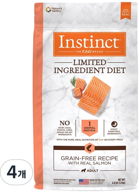 인스팅트 성견용 LID 독 키블, 연어, 1kg, 4개