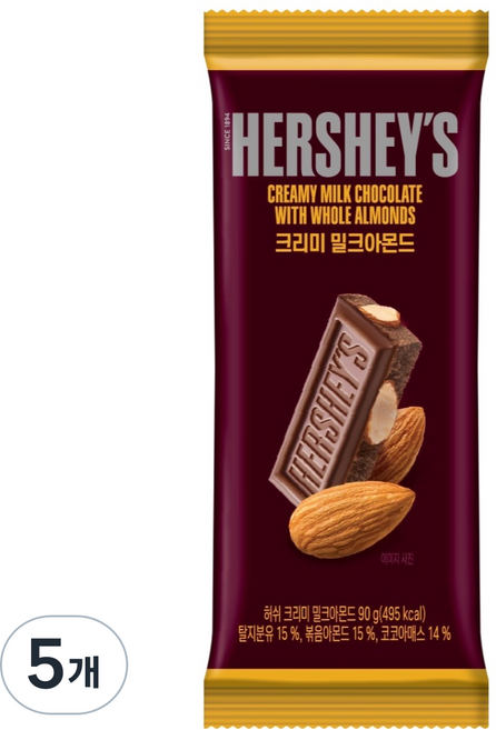HERSHEY'S 好時 KIsses 香濃牛奶杏仁巧克力大棒, 90g, 5個