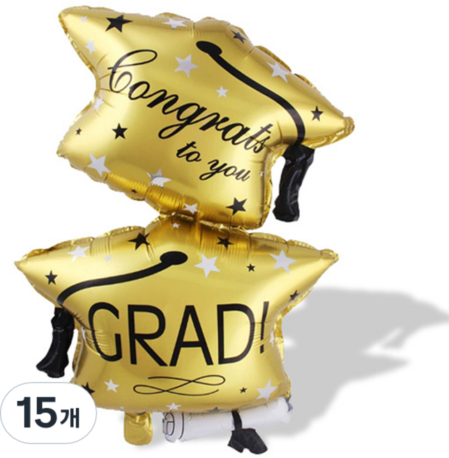 졸업축하 이중 학사모 풍선, 15개, 골드