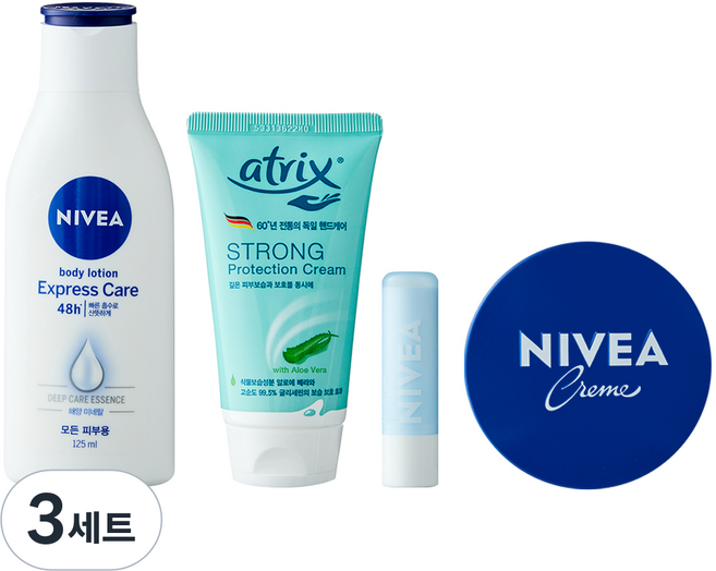 니베아 바디 핸드크림 75ml + 립케어 립모이스춰 4.8g + 익스프레스케어 바디로션 125ml + 크림 60g 세트, 3세트