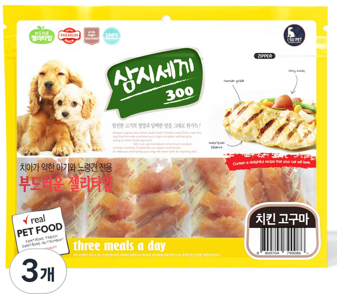 초심 강아지 삼시세끼 육포, 혼합맛(치킨/고구마), 300g, 3개