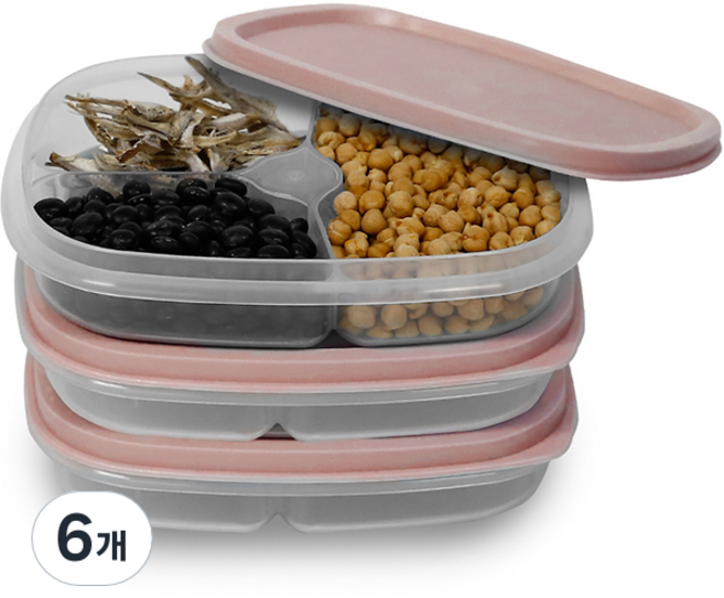 나누담 3칸 칸막이 사각 찬합 핑크 1호, 6개, 단품