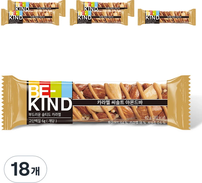비카인드 카라멜 씨솔트 아몬드바, 40g, 18개 - 쿠팡