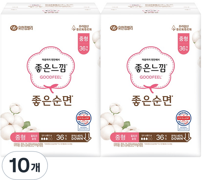 좋은느낌 좋은순면 생리대 날개형, 중형, 36개입, 10개