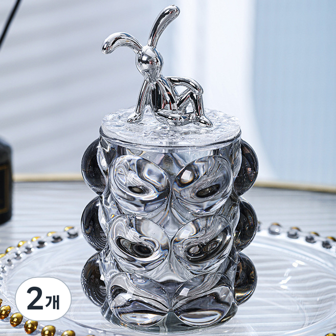 맙소샵 크롬애니 올록볼록 유리 면봉 화장솜 보관함 토끼 HR045, 블랙, 2개