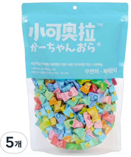 샤오커오라 무설탕 비타민C 민트 박하 12가지맛 믹스 미니 과일 사탕 캔디 중형, 500g, 5개