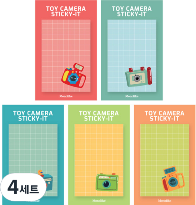 모노라이크 스티키 점착메모지 5종 세트 토이 카메라, Red, Mint, Blue, Green, Orange, 4세트
