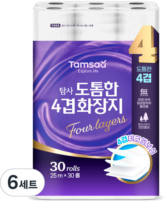 탐사 도톰한 천연펄프 4겹 화장지, 6세트, 30롤, 25m