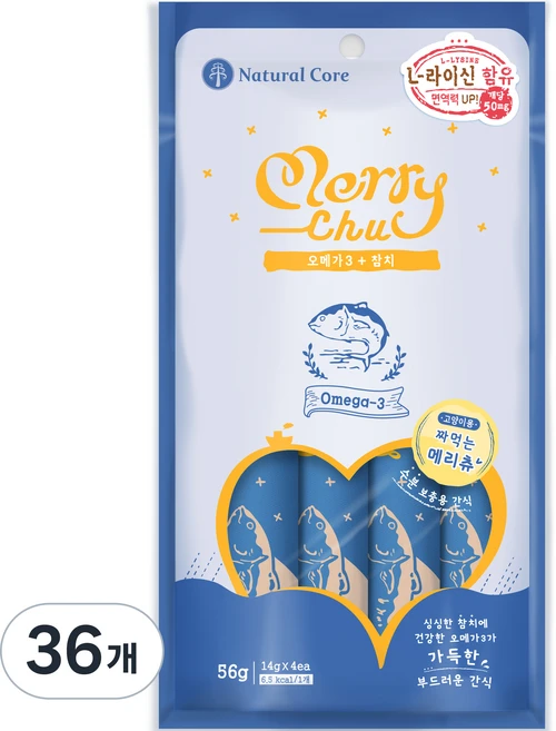 네츄럴코어 고양이 메리츄 오메가 3 짜먹는 간식, 오메가3 + 참치 혼합맛, 56g, 36개 - 쿠팡
