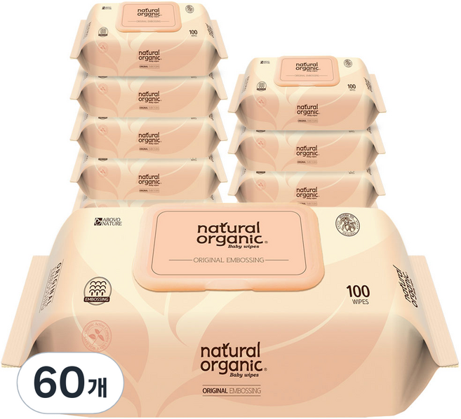 네츄럴오가닉 오리지널 엠보싱 유아용 물티슈 캡형, 52g, 100매, 60개