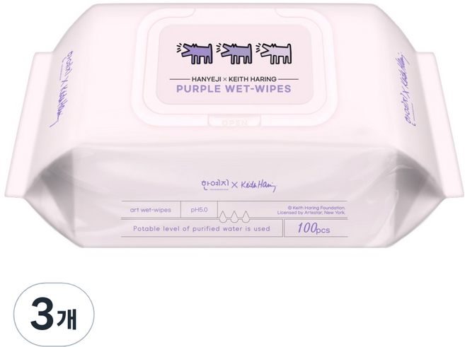 한예지 X 키스해링 퍼플 물티슈 캡형, 38g, 100매, 3개