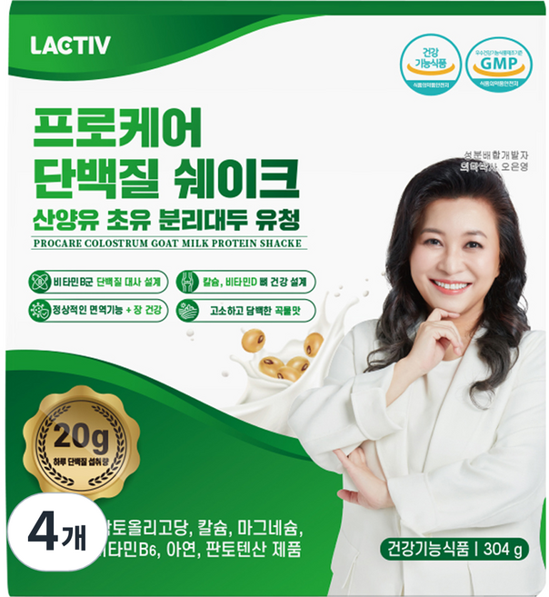 락티브 프로케어 단백질 쉐이크 산양유 초유 분리대두 유청, 304g, 4개