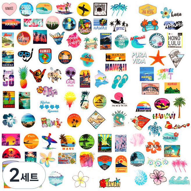 어가네닷컴 리무버블 스티커 I 하와이 휴양지 여행 100종 세트, 혼합색상, 2세트