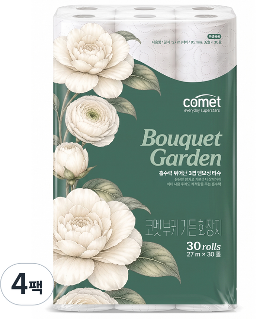 코멧 부케 가든 3겹 화장지, 4개, 30롤, 27m