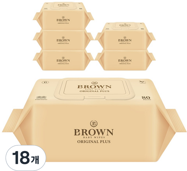 브라운 오리지널 플러스 저자극 엠보싱 아기물티슈 캡형, 55g, 80매, 18개