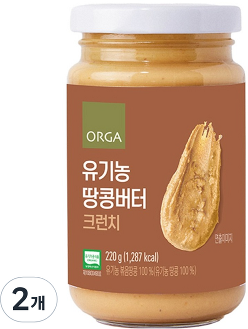 올가홀푸드 유기농 땅콩버터 크런치, 220g, 2개
