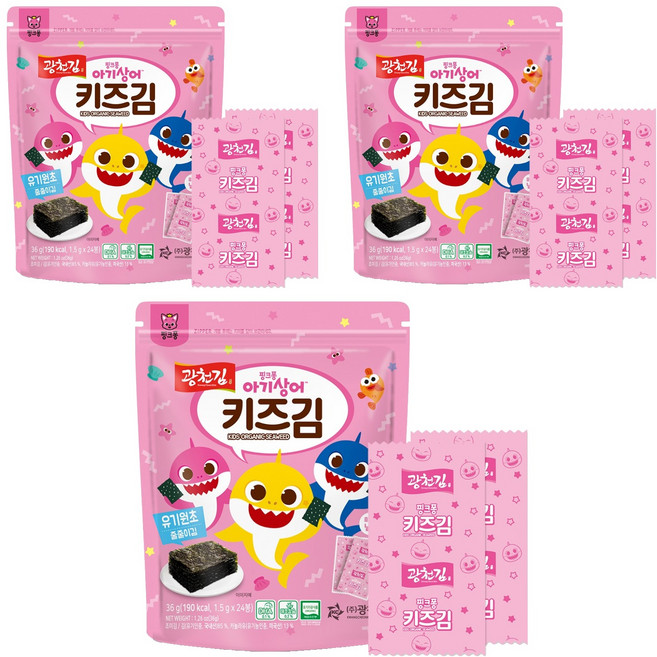 광천김 핑크퐁 아기상어 유기원초 줄줄이 키즈김, 36g, 3개
