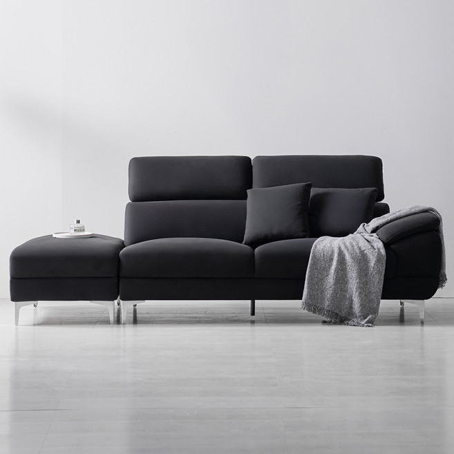 도모디자인 안토니아 패브릭 3인용 좌형 소파+쿠션 2p+스툴 세트 방문설치, 블랙