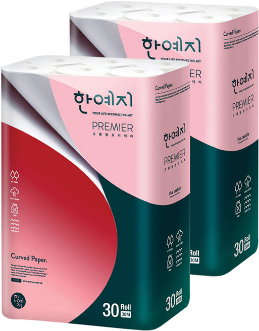 한예지 고평량 프리미어 천연펄프 3겹 데코 고급롤화장지, 30m, 30롤, 2개