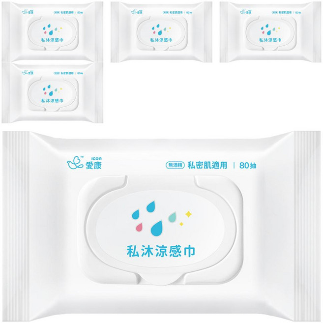 ICON 愛康 私沐涼感巾 無酒精 私密肌適用 80抽, 5包, 432g